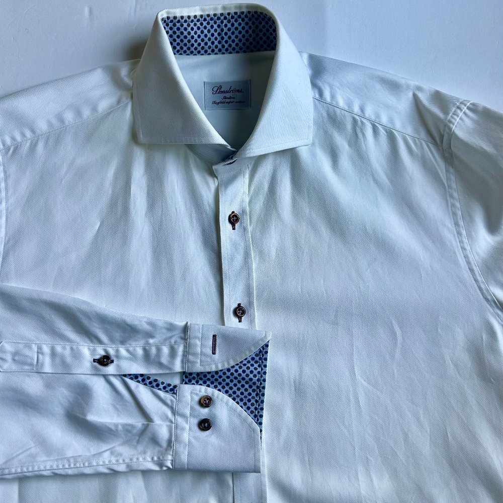 Stenstroms fitted body solid cream  textured 2 fold cotton dress shirt Sz 16~41